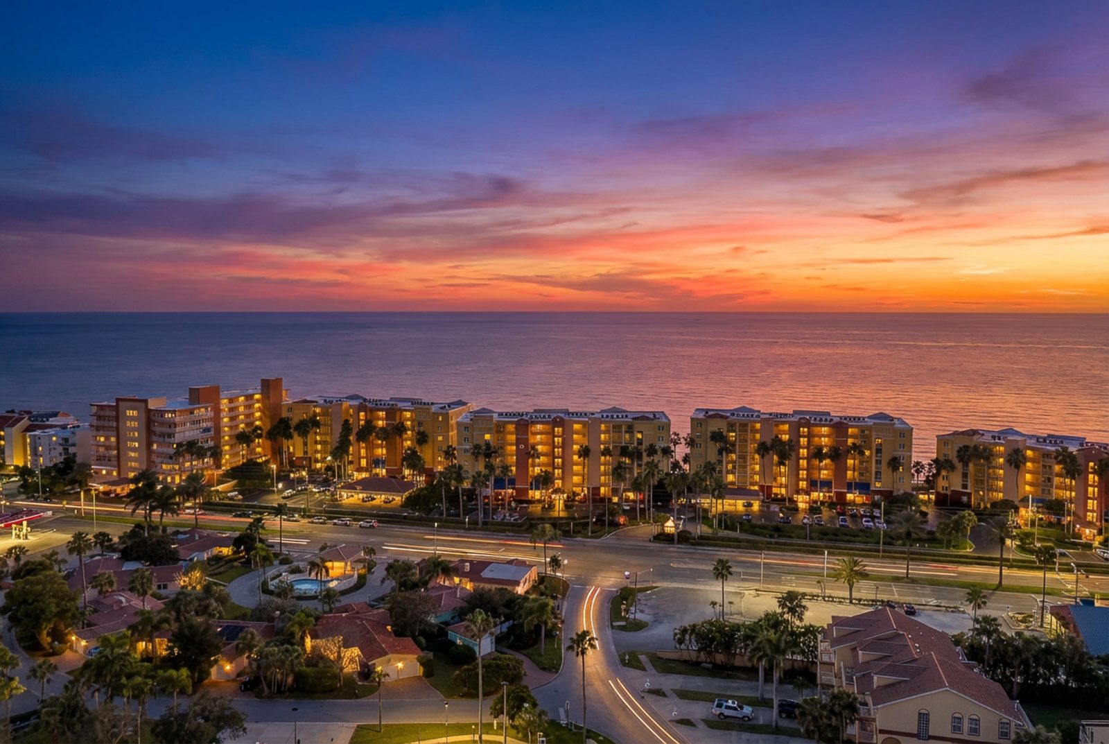 Aerial sunset over the Tides Beach Club